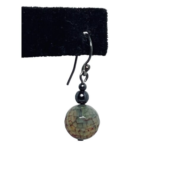 Vintage Silver Tone And Ball Shaped Nephrite Dangle Pierced Earrings (5402) - Picture 3 of 4